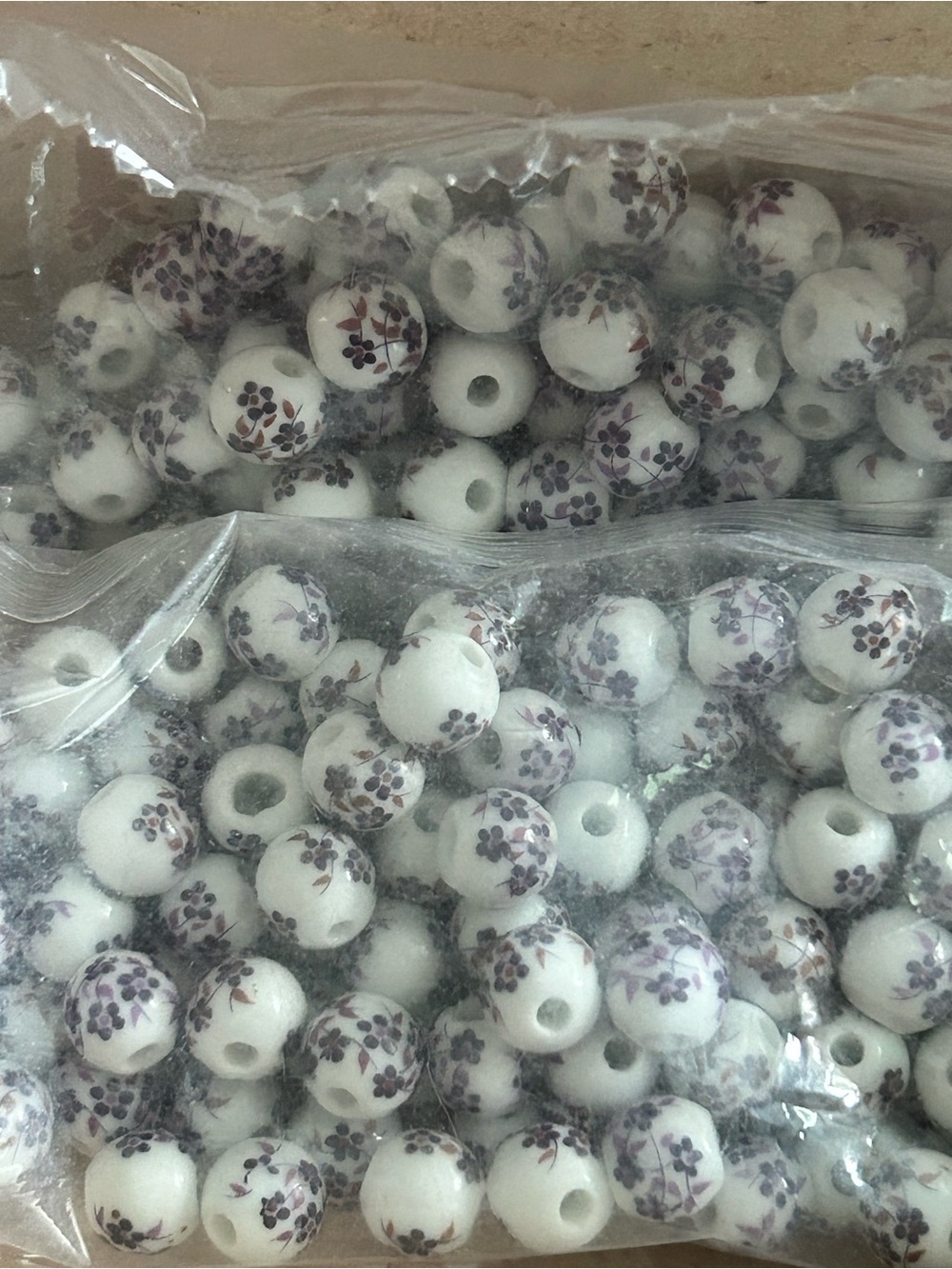 4/$50 White Floral Round Beads - Purple Flower Print (Bulk)